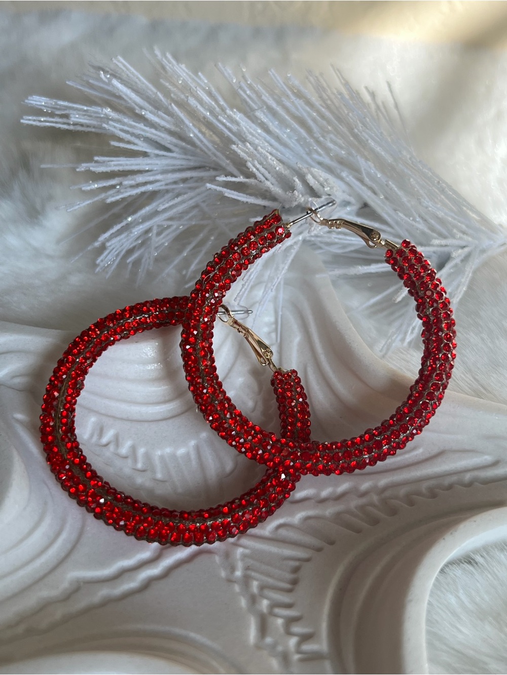 Red Iced Crystal Hoop Earrings - Women Jewelry